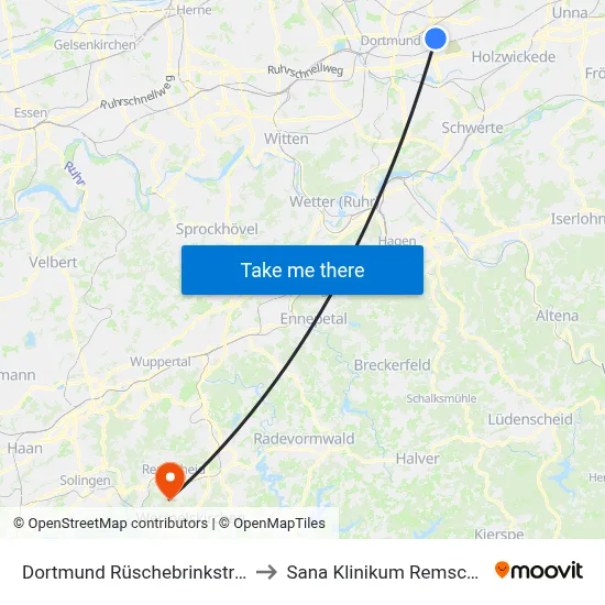 Dortmund Rüschebrinkstraße to Sana Klinikum Remscheid map