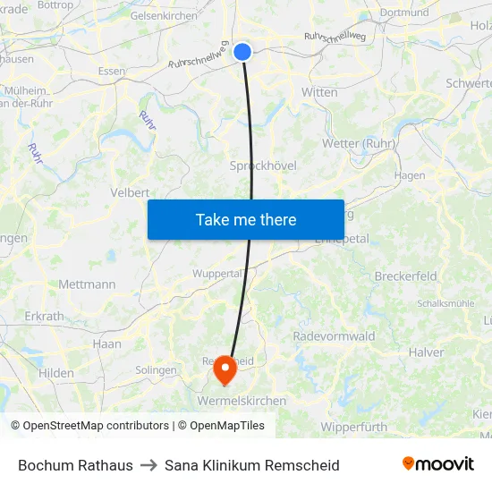 Bochum Rathaus to Sana Klinikum Remscheid map