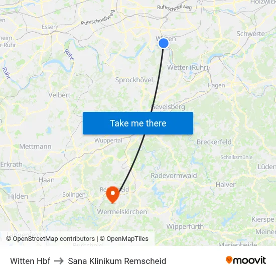 Witten Hbf to Sana Klinikum Remscheid map
