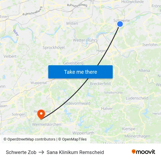Schwerte Zob to Sana Klinikum Remscheid map