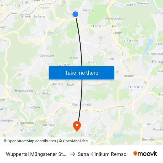 Wuppertal Müngstener Straße to Sana Klinikum Remscheid map