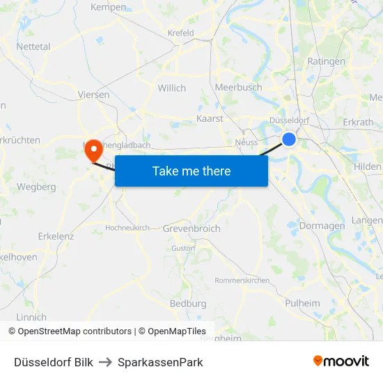 Düsseldorf Bilk to SparkassenPark map