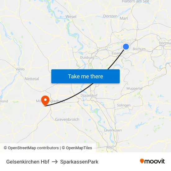 Gelsenkirchen Hbf to SparkassenPark map