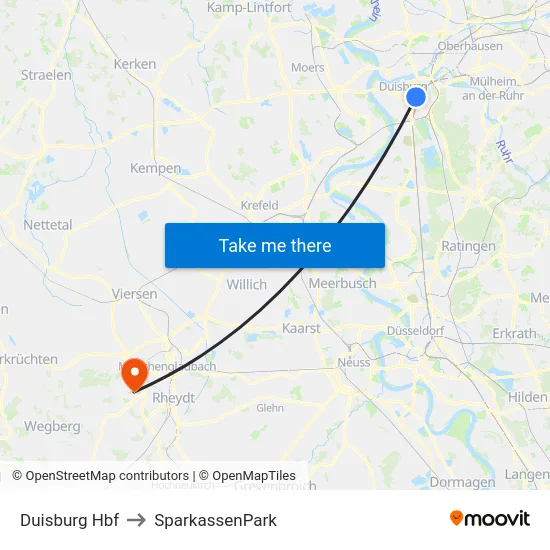Duisburg Hbf to SparkassenPark map