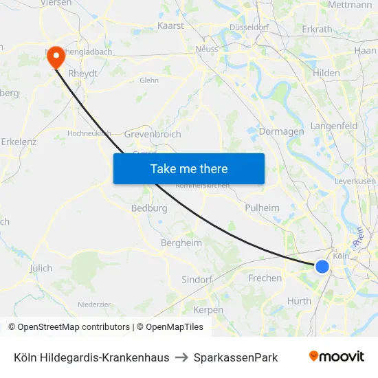 Köln Hildegardis-Krankenhaus to SparkassenPark map