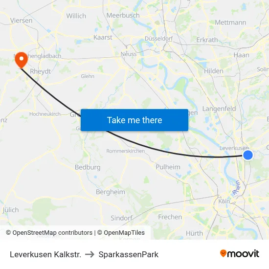 Leverkusen Kalkstr. to SparkassenPark map