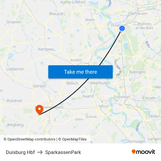 Duisburg Hbf to SparkassenPark map
