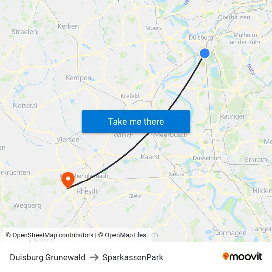 Duisburg Grunewald to SparkassenPark map