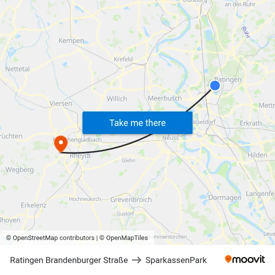 Ratingen Brandenburger Straße to SparkassenPark map