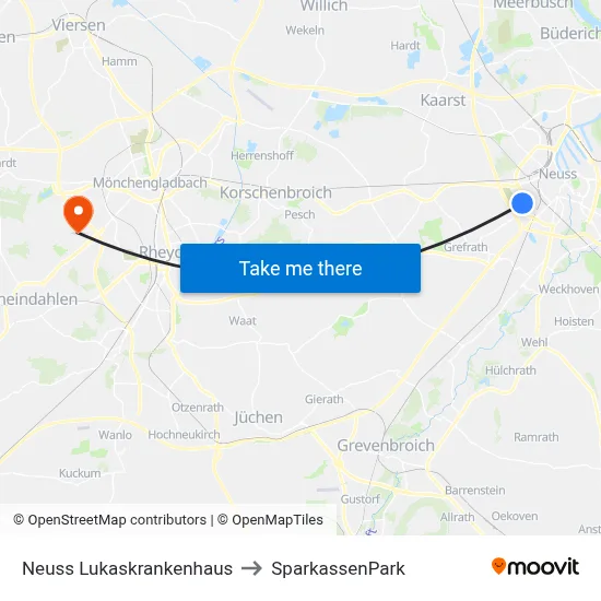 Neuss Lukaskrankenhaus to SparkassenPark map