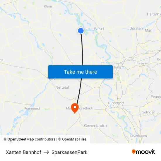 Xanten Bahnhof to SparkassenPark map