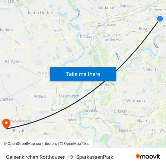 Gelsenkirchen Rotthausen to SparkassenPark map