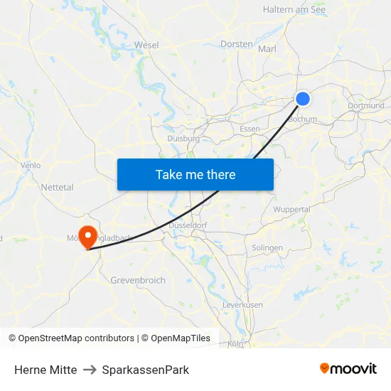 Herne Mitte to SparkassenPark map