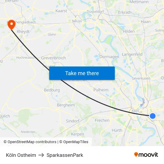 Köln Ostheim to SparkassenPark map