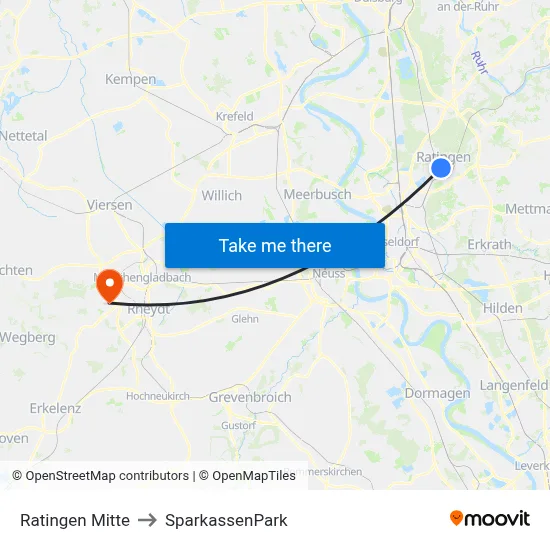 Ratingen Mitte to SparkassenPark map