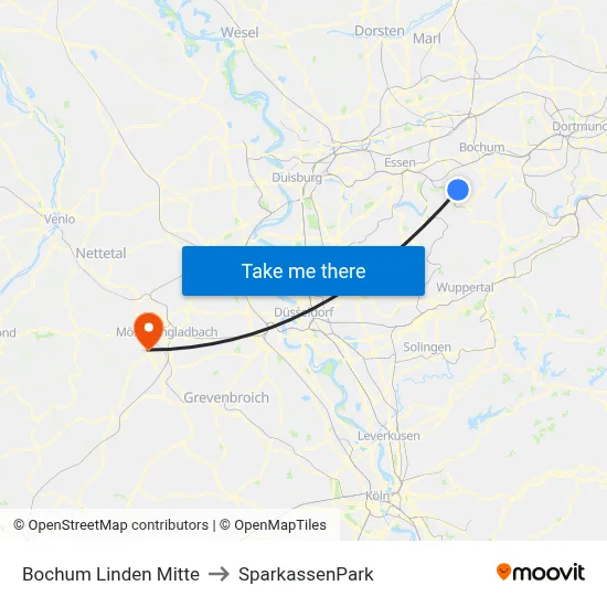 Bochum Linden Mitte to SparkassenPark map