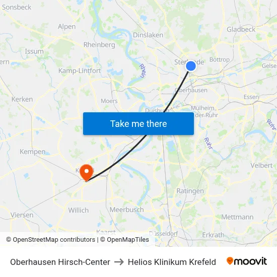 Oberhausen Hirsch-Center to Helios Klinikum Krefeld map