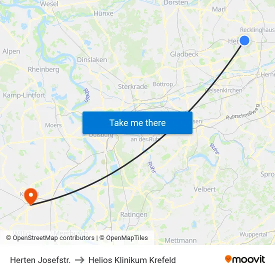 Herten Josefstr. to Helios Klinikum Krefeld map