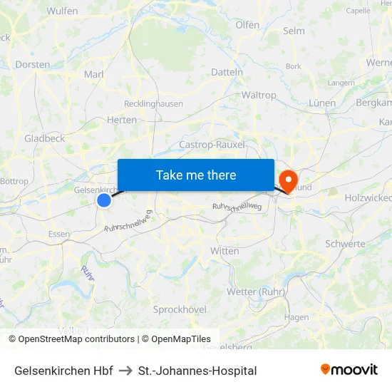 Gelsenkirchen Hbf to St.-Johannes-Hospital map