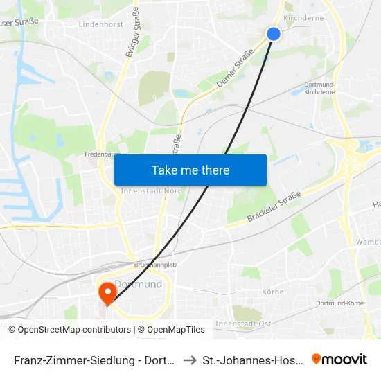 Franz-Zimmer-Siedlung - Dortmund to St.-Johannes-Hospital map