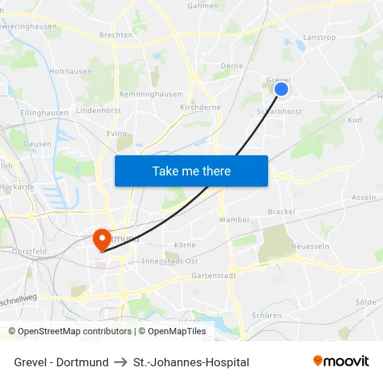Grevel - Dortmund to St.-Johannes-Hospital map