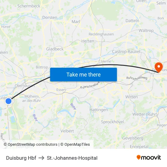 Duisburg Hbf to St.-Johannes-Hospital map