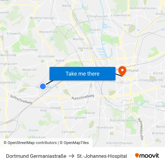 Dortmund Germaniastraße to St.-Johannes-Hospital map