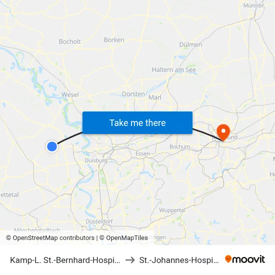 Kamp-L. St.-Bernhard-Hospital to St.-Johannes-Hospital map