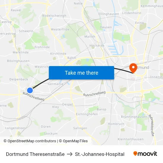 Dortmund Theresenstraße to St.-Johannes-Hospital map