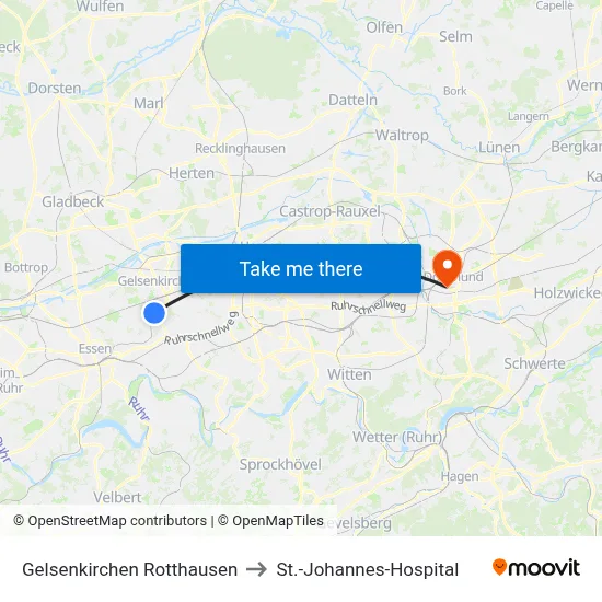 Gelsenkirchen Rotthausen to St.-Johannes-Hospital map