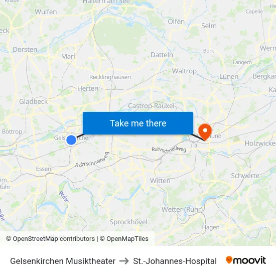 Gelsenkirchen Musiktheater to St.-Johannes-Hospital map