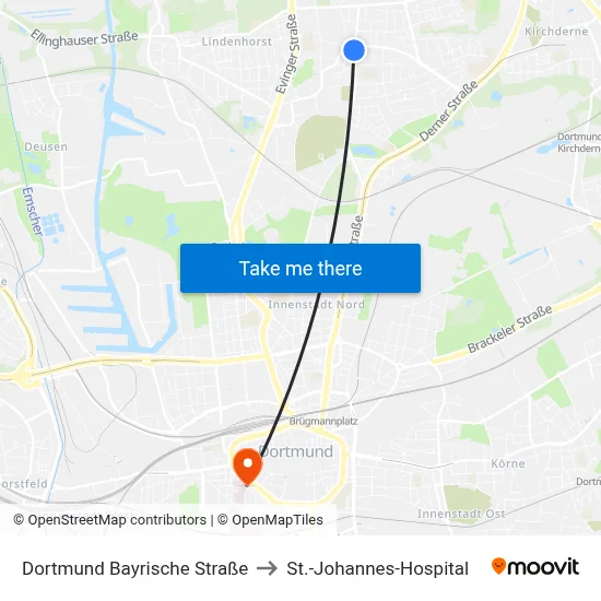 Dortmund Bayrische Straße to St.-Johannes-Hospital map