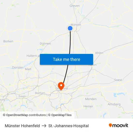 Münster Hohenfeld to St.-Johannes-Hospital map