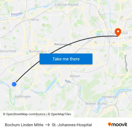 Bochum Linden Mitte to St.-Johannes-Hospital map