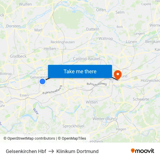 Gelsenkirchen Hbf to Klinikum Dortmund map
