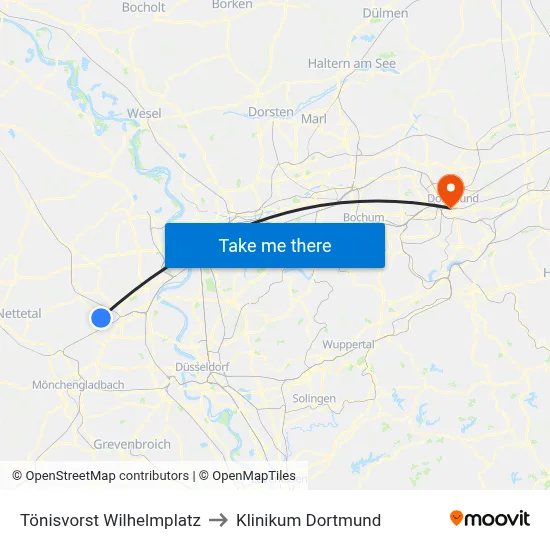 Tönisvorst Wilhelmplatz to Klinikum Dortmund map