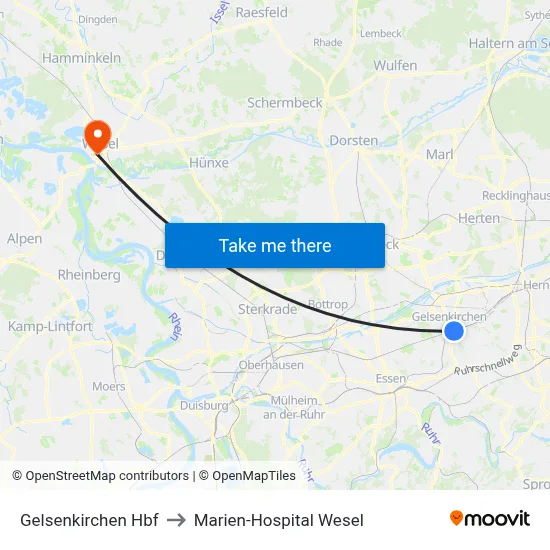 Gelsenkirchen Hbf to Marien-Hospital Wesel map