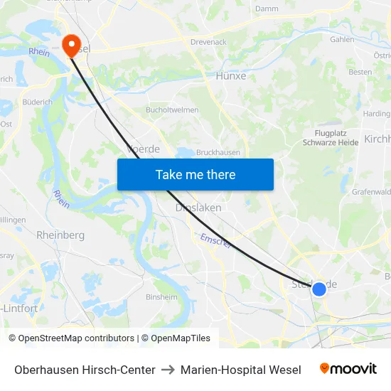 Oberhausen Hirsch-Center to Marien-Hospital Wesel map