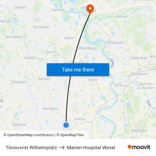 Tönisvorst Wilhelmplatz to Marien-Hospital Wesel map