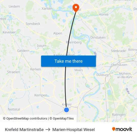Krefeld Martinstraße to Marien-Hospital Wesel map