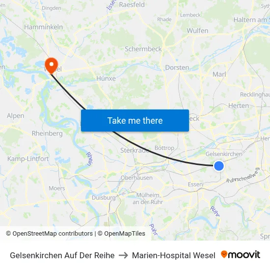 Gelsenkirchen Auf Der Reihe to Marien-Hospital Wesel map