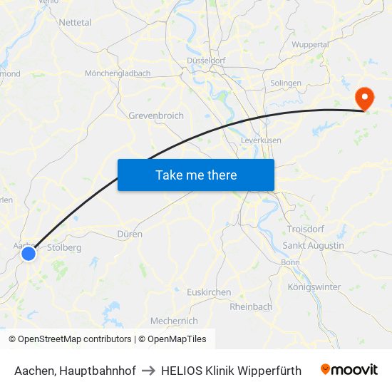 Aachen, Hauptbahnhof to HELIOS Klinik Wipperfürth map