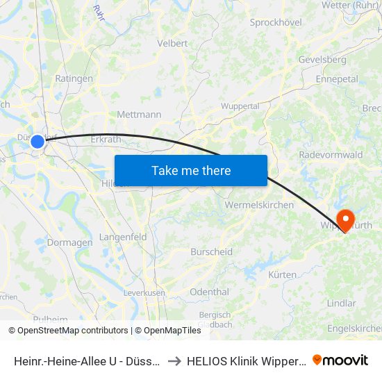 Heinr.-Heine-Allee U - Düsseldorf to HELIOS Klinik Wipperfürth map