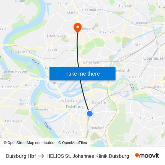 Duisburg Hbf to HELIOS St. Johannes Klinik Duisburg map