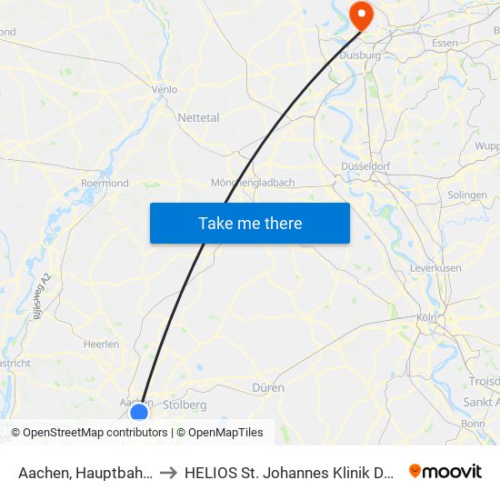 Aachen, Hauptbahnhof to HELIOS St. Johannes Klinik Duisburg map