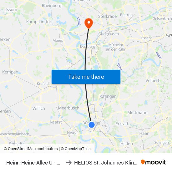 Heinr.-Heine-Allee U - Düsseldorf to HELIOS St. Johannes Klinik Duisburg map