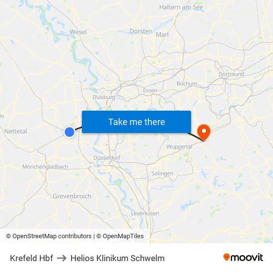 Krefeld Hbf to Helios Klinikum Schwelm map