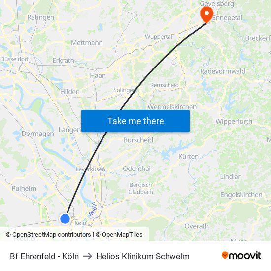 Bf Ehrenfeld - Köln to Helios Klinikum Schwelm map