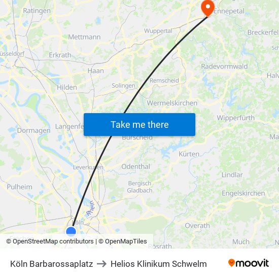 Köln Barbarossaplatz to Helios Klinikum Schwelm map