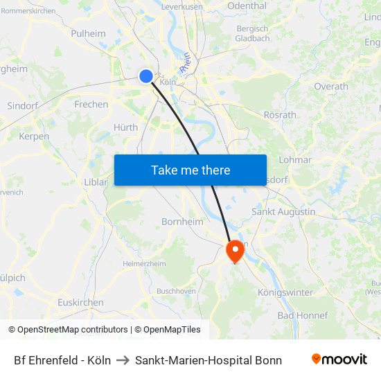 Bf Ehrenfeld - Köln to Sankt-Marien-Hospital Bonn map